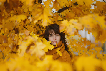 Wall Mural - beautiful woman in autumn park with yellow leaves