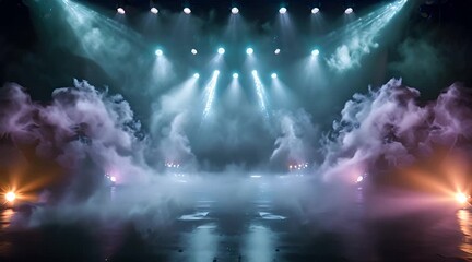 Wall Mural - Concert stage background featuring bright spotlights and swirling smoke, setting the scene for an upcoming performance with a captivating and energetic vibe
