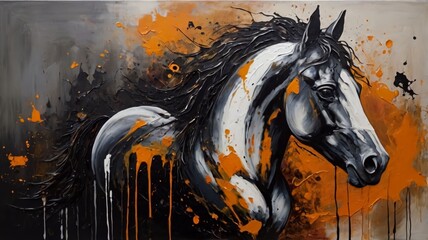 A painting of abstract oil. Art painting, gold, horse, canvas, wall art, modern artwork, paint spots, paint strokes, knife painting, large stroke painting, mural, black, white