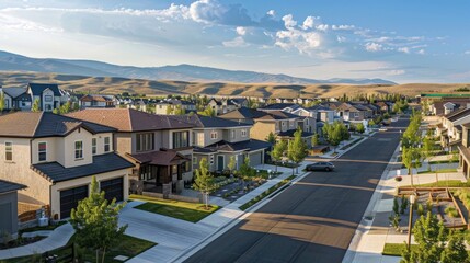 Wall Mural - Panoramic view of neighborhood with smart homes