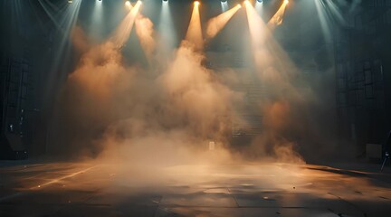 Wall Mural - Concert stage background featuring bright spotlights and swirling smoke, setting the scene for an upcoming performance with a captivating and energetic vibe
