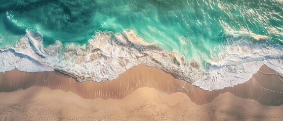 Beach and waves from top view. Turquoise water background from top view. Summer seascape from air. Top view from drone. Travel concept and idea.