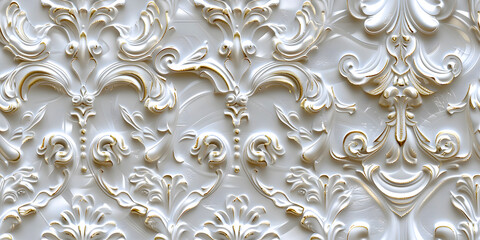 Wall Mural - Seamless 3D elements of White and Golden luxury design Baroque Classical Relief Panel on Wall. Refined Gothic-inspired Stucco Molding With Floral Motifs. A Marble Carving in Late Ottoman Style.