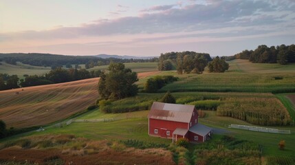 Wall Mural - Red Barn in Rural Landscape at Sunset