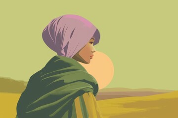 Chinese minimalism illustration, portrait of a medium-skinned woman with short, bob-cut lavender hair styled with a headscarf, wearing a poncho, flat illustration Chinese figure illustration 