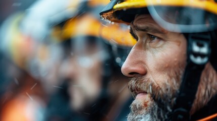 Image of firefighters in motion as they face rain, their yellow helmets and gear creating a moving portrait of urgency, focus, and readiness, despite challenging weather conditions.