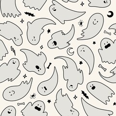 Wall Mural - Halloween ghosts mystery cartoon line art seamless pattern, witch craft paper, ghost, boo. whte background