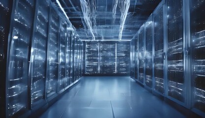 Wall Mural - flowing room light white trails surface flashing servers gital data the information network computer
