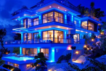 Wall Mural - Modern House with Blue Neon Lights Concept of Advanced Technology Connectivity and Modern Living