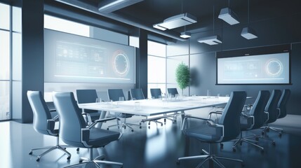 High-tech meeting room with a projector and empty ergonomic chairs