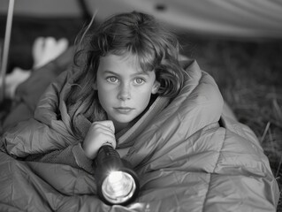 Poster - A young girl is lying in a sleeping bag with a flashlight in her hand. She is looking at the camera with a serious expression. Concept of adventure and exploration