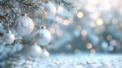 Wall Mural - christmas tree with white ornaments in a snowy winter setting, festive holiday decor