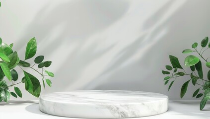 Wall Mural - Pedestal Platform display with podium background. Blank Exhibition stage empty product presentation. white marble with green leaves on light background