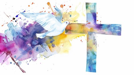 Wall Mural - A white dove is flying over a cross. The dove is a symbol of peace and the cross is a symbol of Christianity. Concept of hope and faith