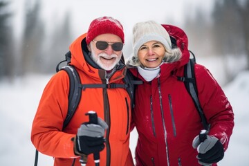 Wall Mural - A couple of older people are posing for a picture in the snow. They are wearing red jackets and hats, and one of them is holding a ski pole. Scene is cheerful and lighthearted