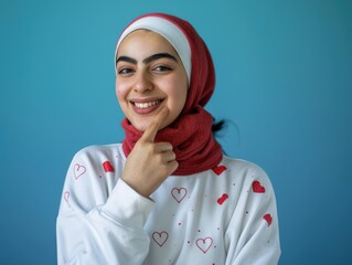 Wall Mural - Young girl smiling with her finger on her chin, looking to the camera, blue background, wearing a white sweat with a bunch of small red hearts