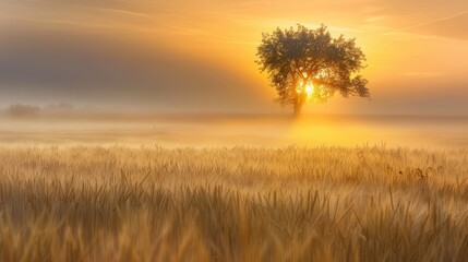 Wall Mural - Golden Sunrise: Lone Tree in Misty Field Captured in Serene Autumn Morning Light