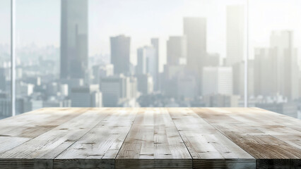 Aufkleber - Empty wooden table with a blurred cityscape view, perfect for showcasing products or creating presentations