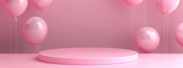 Wall Mural - Pedestal Platform display with podium background. Blank Exhibition stage empty product presentation. Pink balloon frame background girls party.