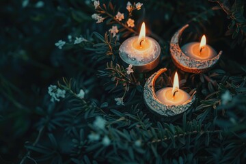 Wall Mural - Three candles are lit in a dark forest. The candles are lit in a way that they are lit up in a crescent shape