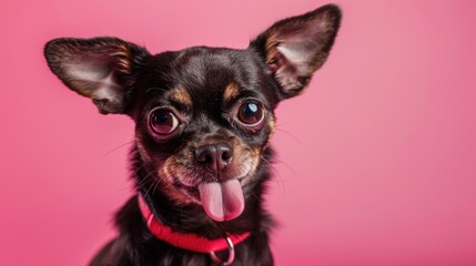 Wall Mural - A small black dog with a pink background and a red collar. The dog has its tongue out and is looking at the camera