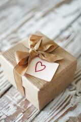 Wall Mural - A brown box with a gold ribbon and a heart tag on it