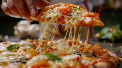 Wall Mural - A freshly made, hot vegetarian pizza slice in the cook's hand, accompanied by a stretch of mozzarella cheese