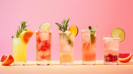 Wall Mural - A row of five drinks with a pink background. The drinks are in different colors and have different garnishes