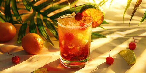 Wall Mural - A glass of drink with a cherry on top and a lime slice. The drink is a cocktail and the table is set with fruit