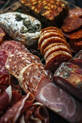 Wall Mural - A variety of meats and cheeses are displayed on a wooden board. The meats include salami, pepperoni, and ham, while the cheeses include mozzarella and provolone. The presentation is colorful