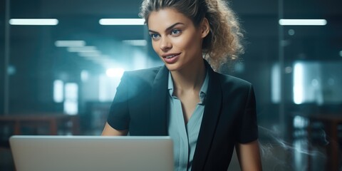 Wall Mural - A woman is sitting at a desk with a laptop in front of her. She is wearing a business suit and has a smile on her face