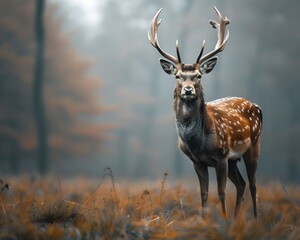 Wall Mural - Graceful Deer in Misty Forest with Soft Light and Tranquil Atmosphere