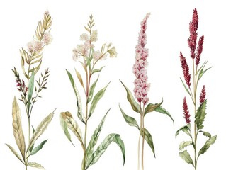 Wall Mural - Four different types of flowers are shown in a painting, with one being a red flower and the others being white. The painting has a serene and peaceful mood