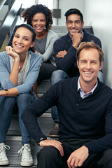 Poster - Business, smile and portrait of team on steps in modern office building, creative collaboration and together. Multimedia production group, people and designers on stairs, task and project management.