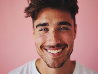 Sticker - A man with a beard and blue eyes is smiling at the camera. He is wearing a white shirt and has a pink background