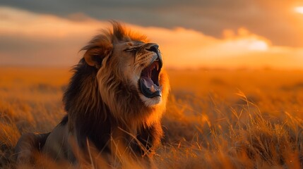 Wall Mural - Majestic Roaring Lion with Golden Mane at Sunset in African Savannah Landscape