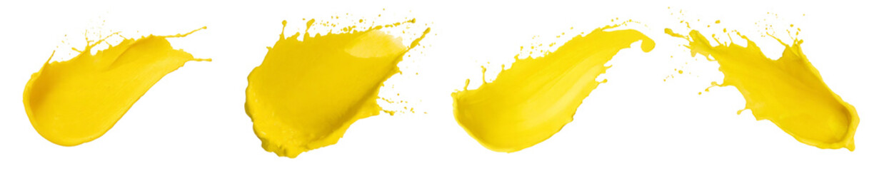 Wall Mural - vibrant yellow paint splashes on a black background, perfect for artistic projects and creative desi