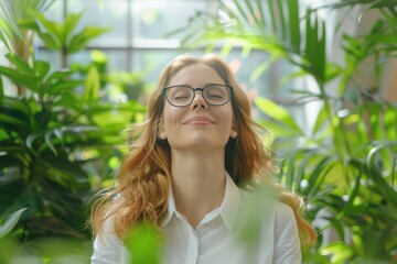 Wall Mural - A woman wearing glasses is sitting in a room with plants. She is smiling and she is in a relaxed state