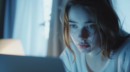 Sticker - A woman is looking at a computer screen with a blue light. She has a serious expression on her face