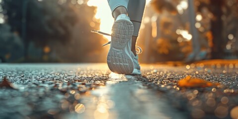 Wall Mural - A person is walking on a road with a pair of white shoes. The shoes are tied together with a shoelace. The sun is shining brightly, creating a warm and inviting atmosphere