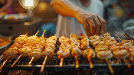 Hand grilling seafood skewers with shrimp and scallops