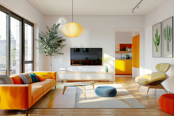 Mid century, scandinavian interior design of modern living room with colorful multicolored furniture.