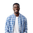 © SuperPixel Inc - Front view mid shot of a handsome African man dressed in a blue checkered shirt and white pants, smiling on a white transparent background