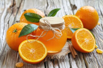 A vibrant glass jar filled with sweet orange jam sits among bright oranges and fresh leaves, showcasing a delightful and healthy treat.