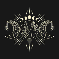 Wall Mural - Mystical moon phases with stars and plant. Hand drawn astrology symbol. For print for T-shirts and bags, decor element.