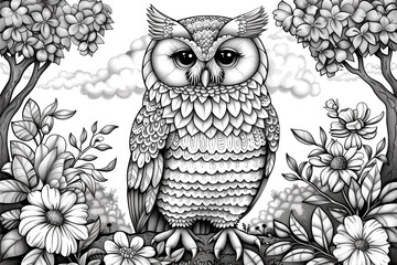 Wall Mural - A black and white drawing of an owl in a forest with flowers. The owl is looking at the camera with a curious expression. The flowers are scattered throughout the scene, with some close to the owl