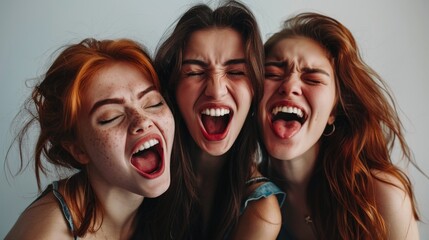 Wall Mural - Three women with red hair are laughing and making silly faces. They are all smiling and seem to be having a good time