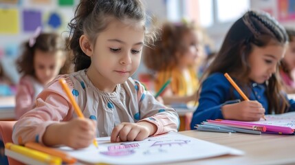 Adorable kids scribbling at an indoor table. Activities for kindergarten playtime, Generative AI.