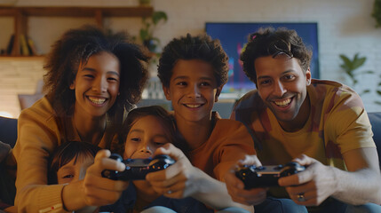 Three kids and two adults sit on a couch playing a video game together happily.