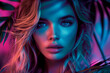 © Bonya Sharp Claw - A woman with long blonde hair and blue eyes is the main subject of the image. The photo is in a neon color scheme, giving it a vibrant and energetic feel